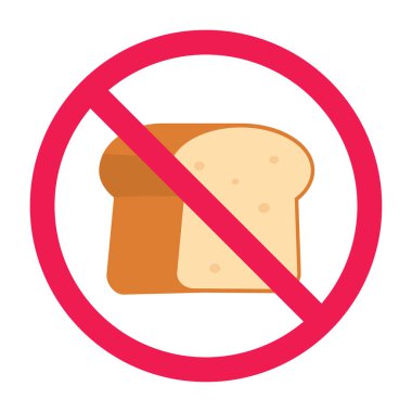 Ekmek işareti yok, yasak ekmek sembolü, sade ekmek yasak işareti, un yemeği yeme işareti, yüksek karbonhidrat kısıtlama sembolü, yassı vektör çizimi