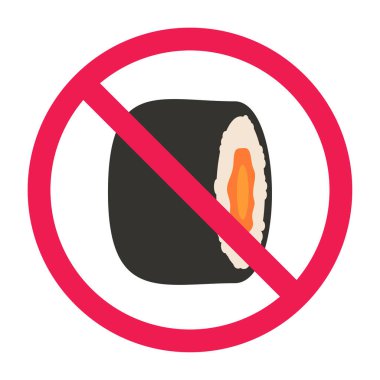 Suşi işareti yok, suşi yuvarlama tabelası, sarılmış suşi yasak sembol, çiğ balık yemeği yemeyin, deniz ürünleri alerjisi sembolü, düz vektör çizimi