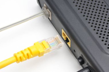 Jack RJ45 plakalı LAN kablosu izole edilmiş beyaz arka grubunun fişi