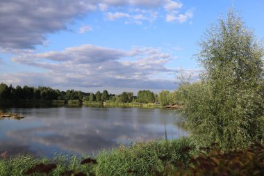 Göl, ağaçlar ve bulutlu gökyüzü manzaralı.