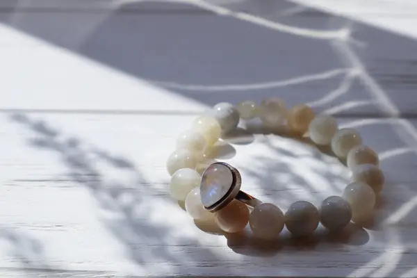 stock image Silver ring and bracelet with moonstone.