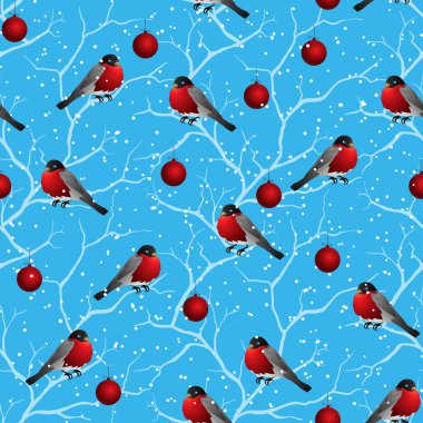 Kış seamless modeli. kuşlar Noel ağacı üzerinde.