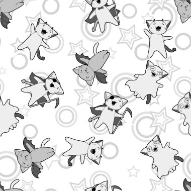 Cadılar Bayramı kediler ve yaratıklar vektör kawaii desen.