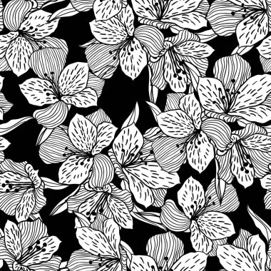 soyut siyah sorunsuz çiçek deseni ile orkide.