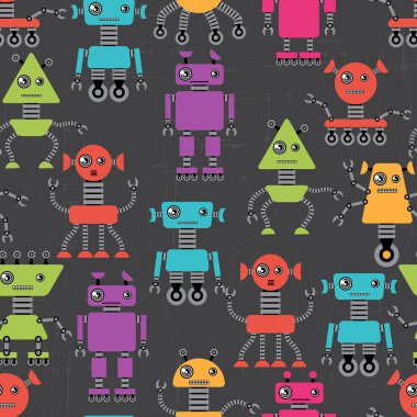Çizgi film robotları soyut, kusursuz desenler.