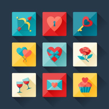 düz tasarım tarzında Sevgililer ve düğün simge kümesi.