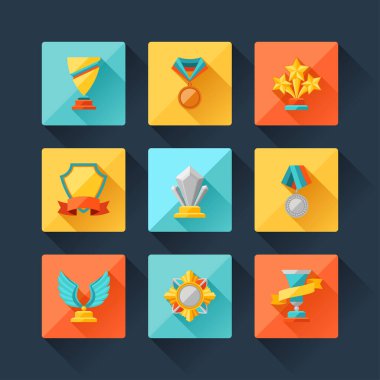 Kupa ve Ödülleri simgeler düz tasarım stili ayarla.