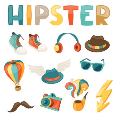 hipster stil öğeleri ve nesneleri kümesi.