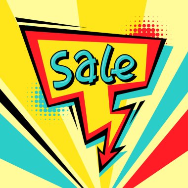 Satılık komik konuşma balonu arka planda karikatür tarzı.