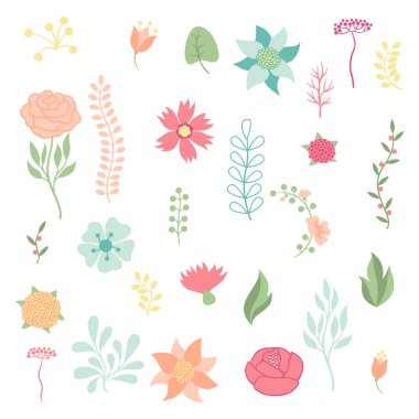 çeşitli stilize çiçekler ve öğeleri kümesi.