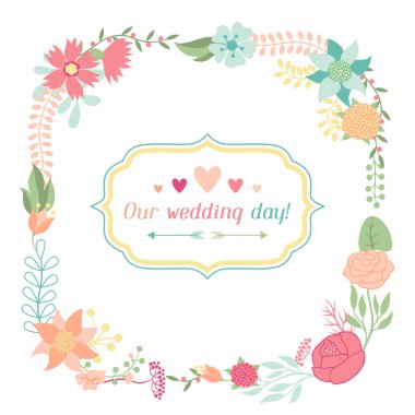 oldukça stilize çiçeklerle düğün davetiye kartı.