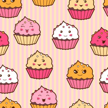 Dikişsiz kawaii çizgi deseni sevimli kekler.