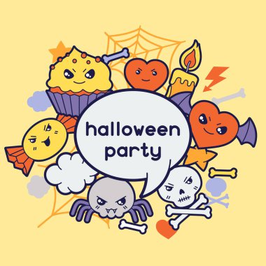 şirin karalamalar ile Halloween kawaii tebrik kartı.