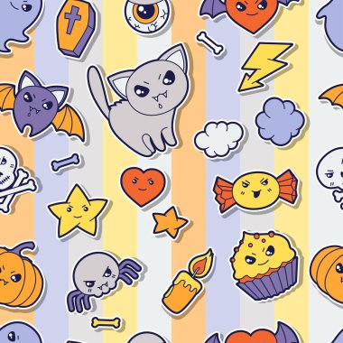 Dikişsiz halloween kawaii desen çıkartması şirin doodles.