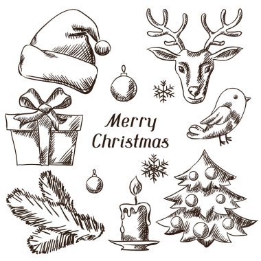 neşeli Noel elle çizilmiş simgeler ve nesneleri kümesi.