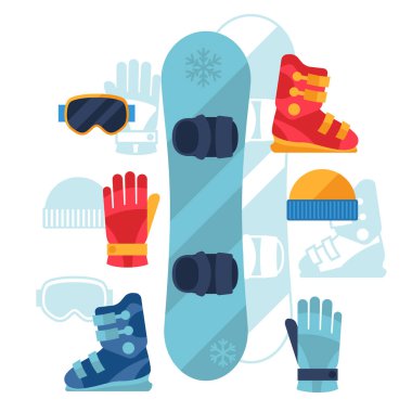 snowboard ekipman simgeler düz tasarım stili ayarla.