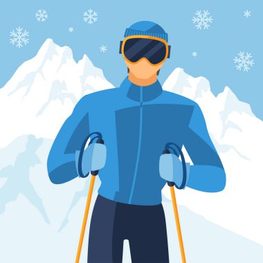 adam kayakçı Dağı kış manzara arka plan üzerinde.