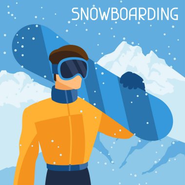 erkek snowboard Dağı kış manzara arka plan üzerinde.