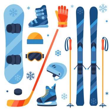 Kış sporları donanımları simgeler düz tasarım stili ayarla.
