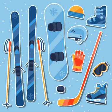 düz tasarım tarzında kış sporları donanımları sticker Icons set.