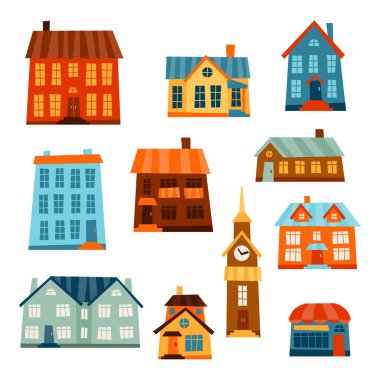 Şehrin simge seti sevimli renkli evlerin.