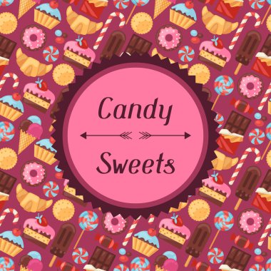 Arka plan ile renkli çeşitli şeker, tatlılar ve pastalar.