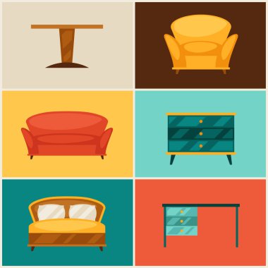 İç simgesi retro tarzı mobilyalarla seti.