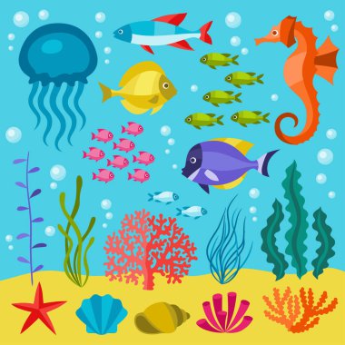 Deniz yaşamı dizi simgeleri, nesneleri ve deniz hayvanları.