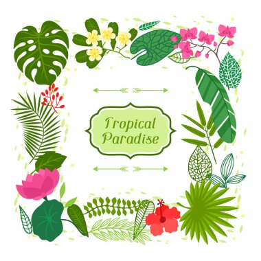 Tropik cennet kartı stilize yapraklar ve çiçekler.