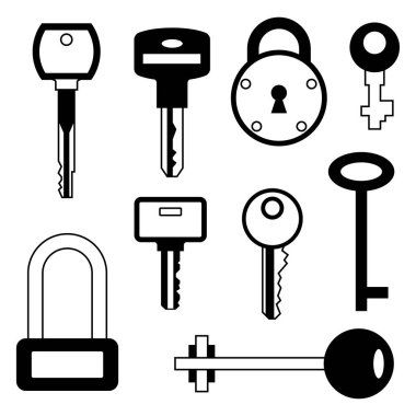 Düz stil kilit ve anahtarları Icons set.