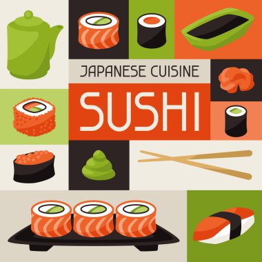 Suşi ile arka plan. Japon geleneksel mutfağı illüstrasyon.