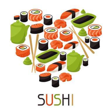 Suşi ile arka plan. Japon geleneksel mutfağı illüstrasyon.
