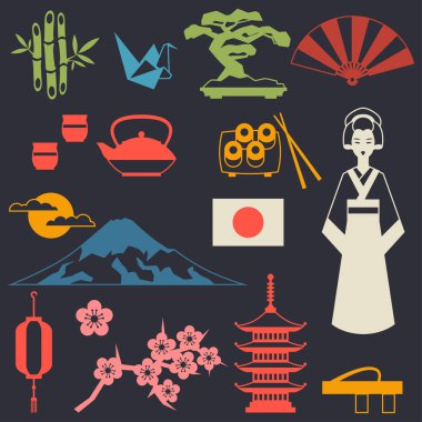 Japonya simgeler ve semboller ayarlayın. Japon konulu illüstrasyon.