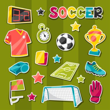 Spor Futbol etiket sembolleri ve karikatür tarzı simgeler kümesi.