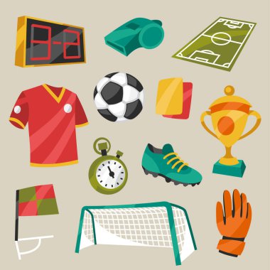 Karikatür tarzı içindeki spor futbol futbol simgeler kümesi.