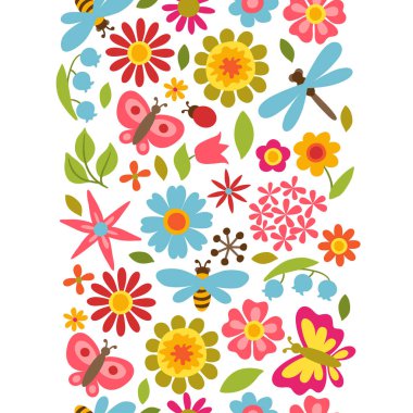 Güzel basit çiçekler, böcekler ve kelebekler ile Doğal desen.