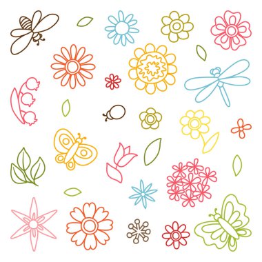 Güzel basit çiçekler, böcekler ve kelebekler Doğal seti.