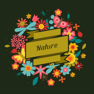 Kartı güzel basit çiçekler, böcekler ve kelebekler.