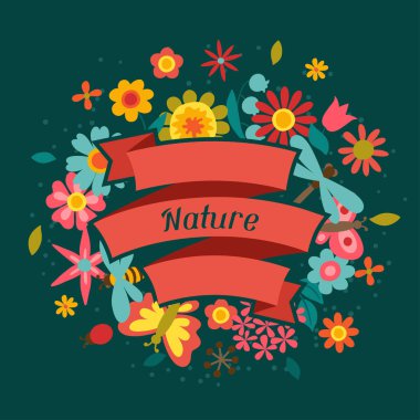 Kartı güzel basit çiçekler, böcekler ve kelebekler.