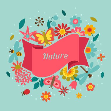 Kartı güzel basit çiçekler, böcekler ve kelebekler.