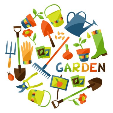 Arka plan Bahçe tasarım öğeleri ve simgeler ile.