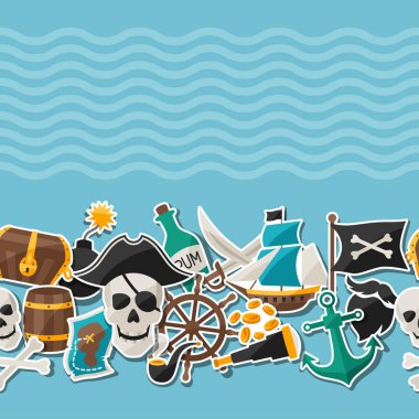 Korsan Tema Etiketler ve nesneler ile Seamless Modeli.