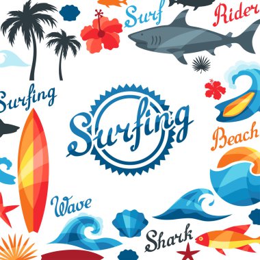 Sörf tasarım öğeleri ve nesneleri arka plan.