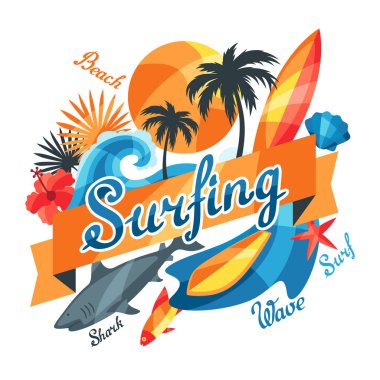 Sörf tasarım öğeleri ve nesneleri arka plan.