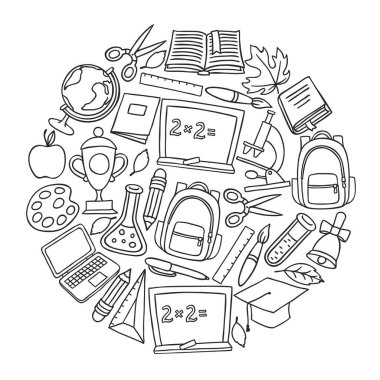 Okul arka plan ile el tebeşir tahtası çizilmiş simgeler.