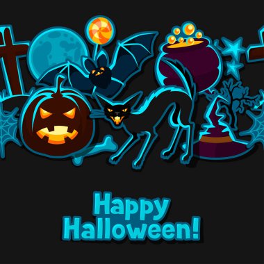 Mutlu Cadılar Bayramı seamless modeli çıkartmaları karakterler ve nesneler ile.