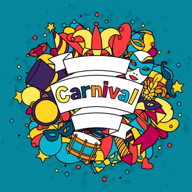 Doodle simgeler ve nesneleri karnaval gösterisi arka plan.