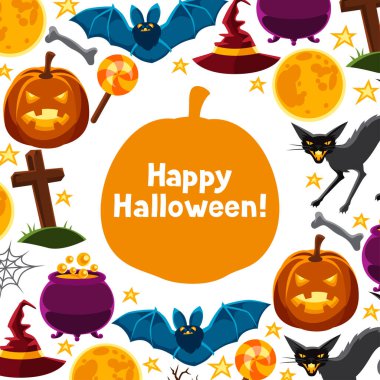 Karakterler ve nesnelerle Cadılar Bayramı tebrik kartınız kutlu olsun..