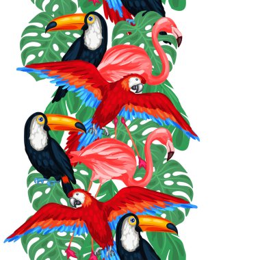 Tropikal kuşlar seamless modeli ile palmiye yaprakları.