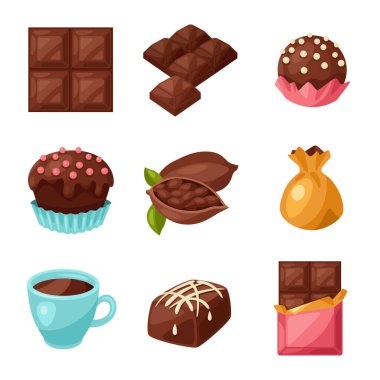 Çeşitli lezzetli tatlılar ve şeker çikolata kümesi.